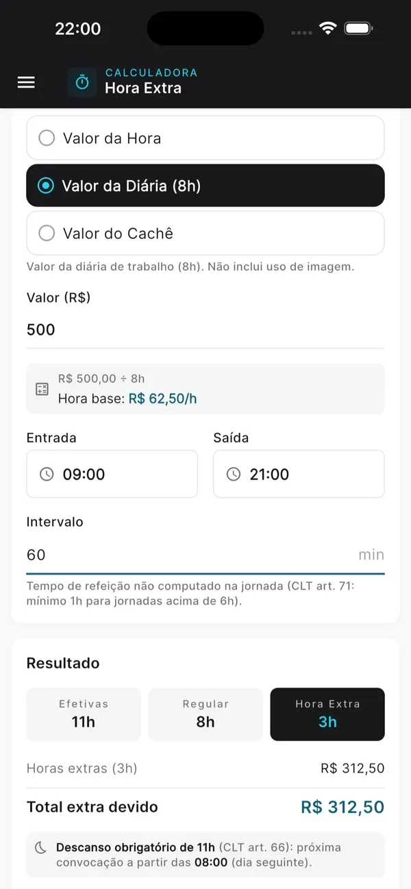 Calculadora de hora extra do app com o resultado da diária