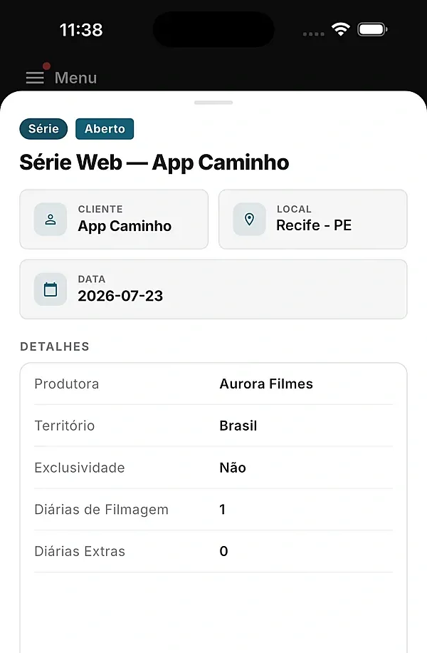 Detalhe de uma consulta no app: cliente, local, data, produtora, território, exclusividade e diárias