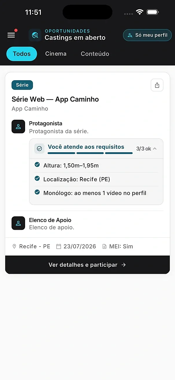 Lista de castings em aberto no app, com os papéis e os requisitos de cada um