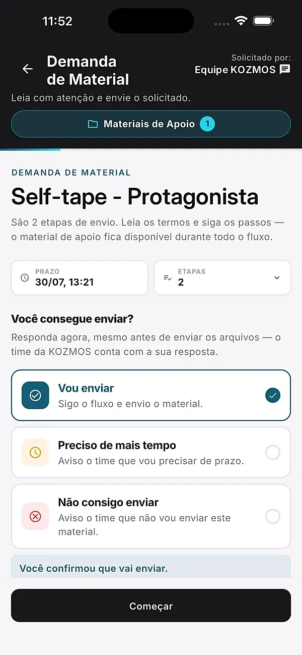Demanda de material no app, com prazo, etapas e as opções de resposta